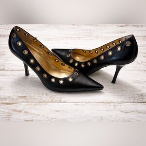 Hale Bob Vero Cuoio Leather Black Rhinestone Pumps Heels 8.5 Rocker Girl